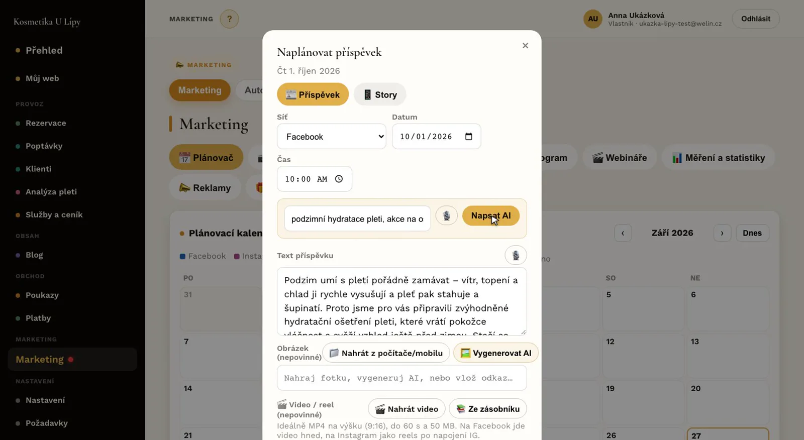 Plánovač příspěvků s textem od AI