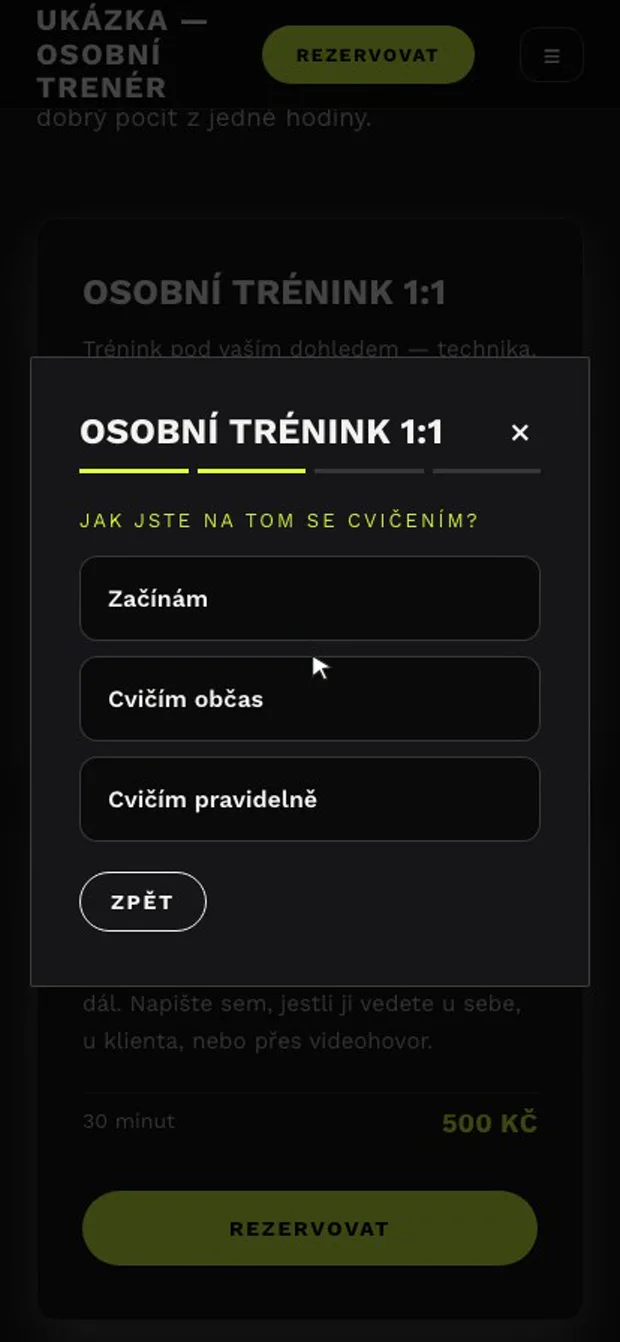 Poptávkový formulář trenéra na mobilu