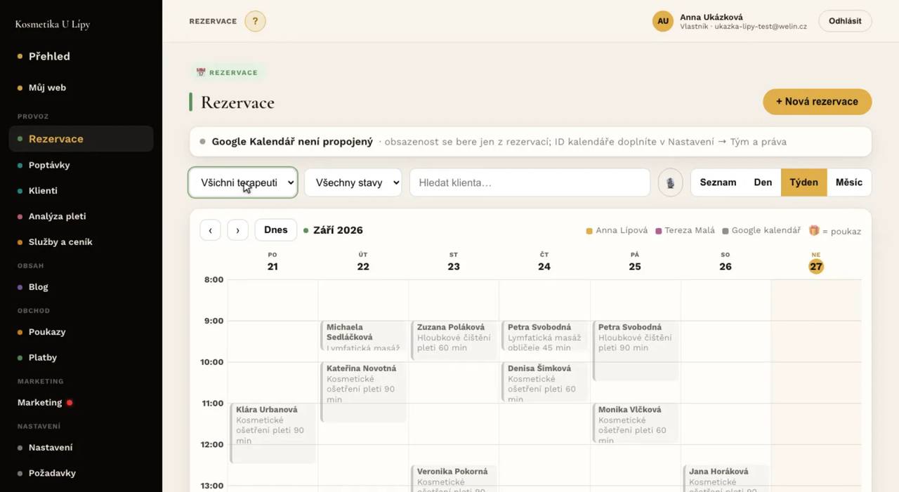 Rezervační kalendář salonu ve Welinu na počítači