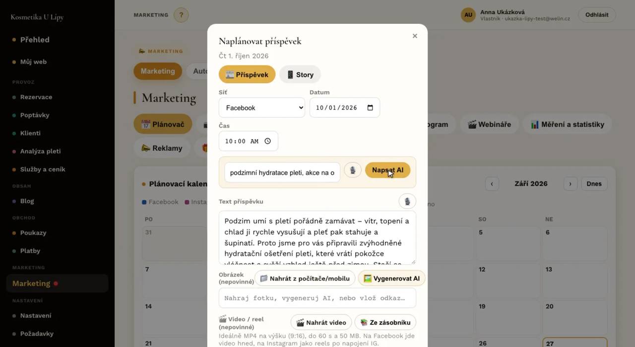 Plánovač příspěvků s textem od AI